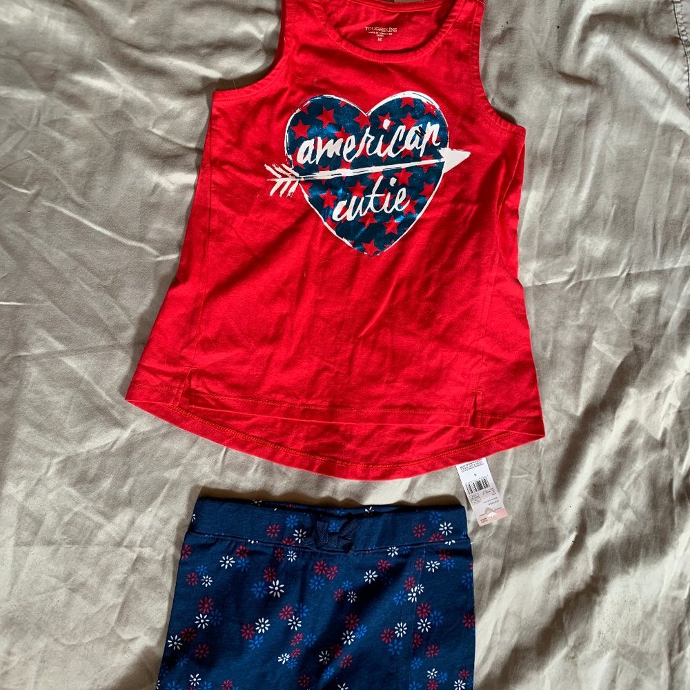 GIRLS - 2pc lot sz S/M NWT TOUGHSKINS tank top shirt, skort shorts, red, blue